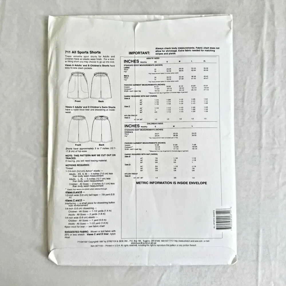Vtg Stretch & Sew 711 Sewing Pattern ALL SPORTS Shorts & Swim Trunks Kids Adults